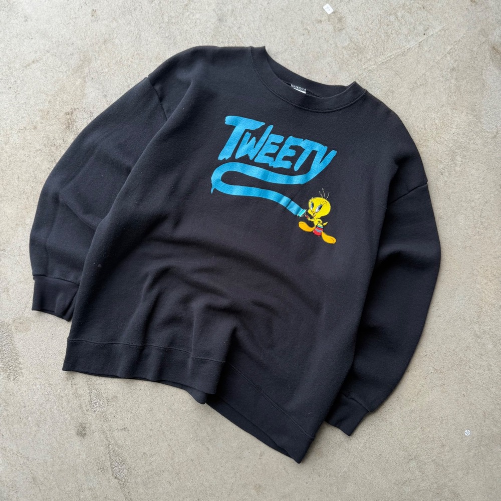 90s Mens Looney Tunes Tweety Bird Painting Graphic Sweatshirt Black L/XL